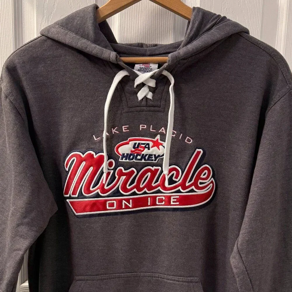 Vintage Lake Placid USA Hockey Miracle on Ice Hoodie Sweatshirt Size Medium